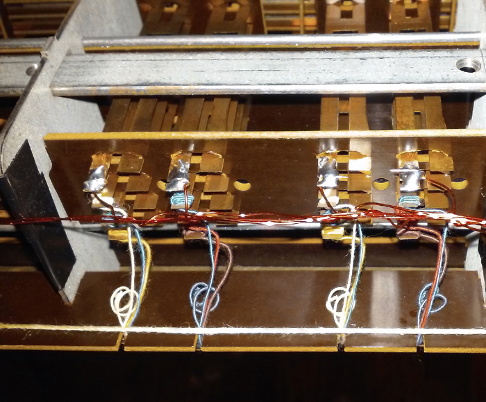 B3 Closeup view of new wires for string bass and future MIDI soldered 
  to pedal contacts.