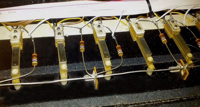 Ribbon cable wires soldered to the contact side of pedal traps keyer resistors.